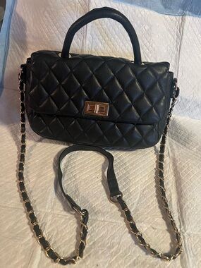 Quilted Black Top-Handle Shoulder Bag with Gold Chain Strap